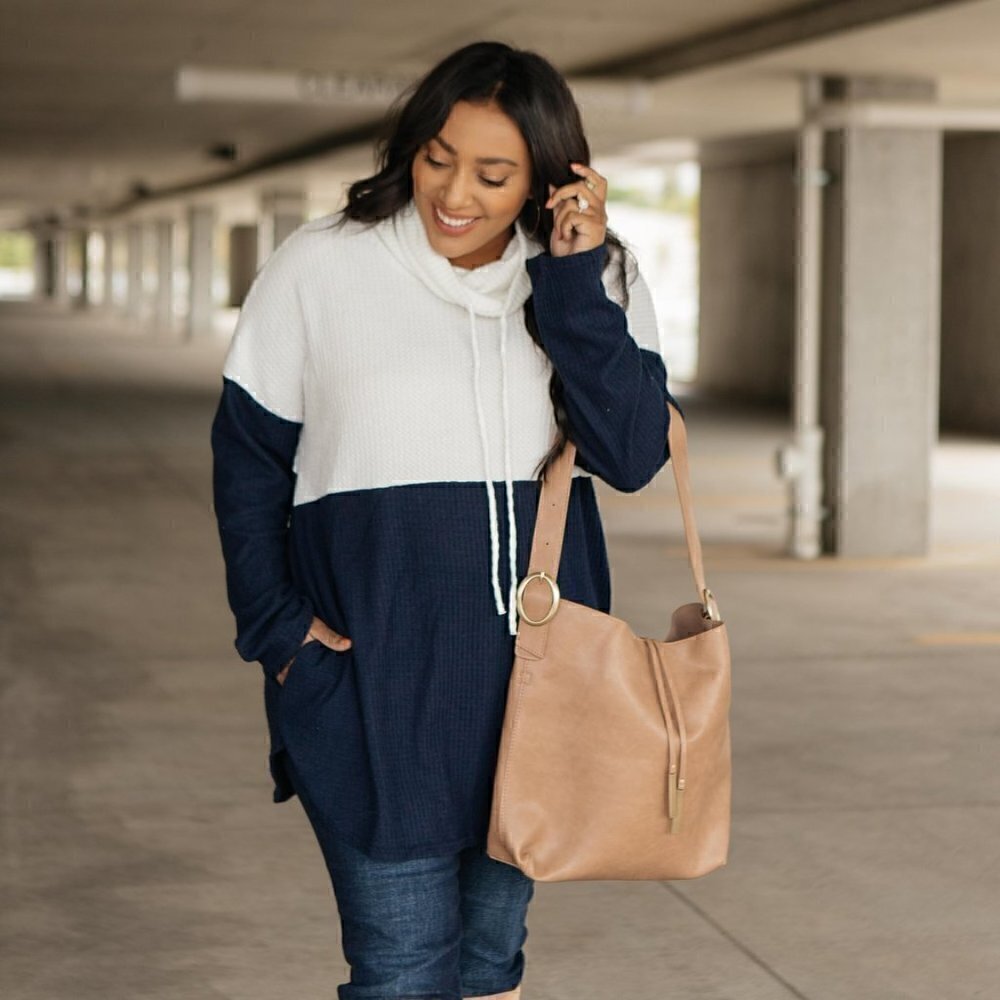 Celeste Blue & White Cowl Neck Sweater w/ Pockets - Picture 9 of 9